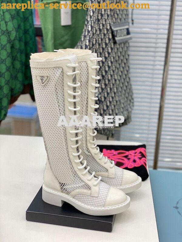 Replica Prada Brushed leather and mesh boots 1W907M White 4