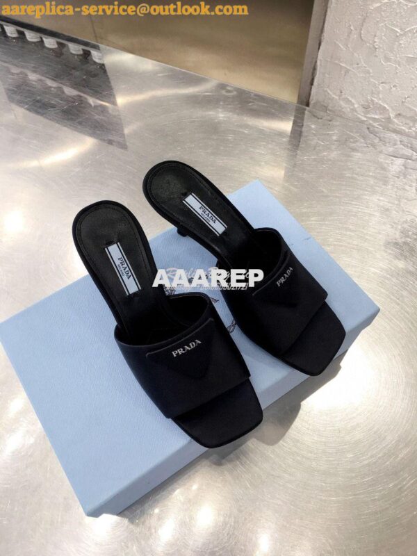 Replica Prada Brushed Leather Mid-heeled Slides 1XX590 Black Satin 3