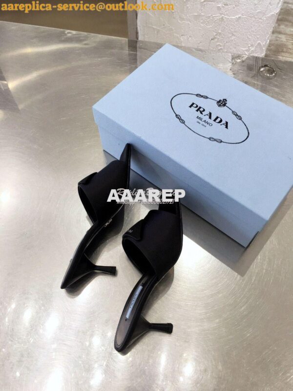 Replica Prada Brushed Leather Mid-heeled Slides 1XX590 Black Satin 6