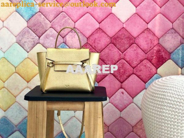 Replica Celine Nano Belt Bag in Gold Laminated Grained Calfskin 185003 10