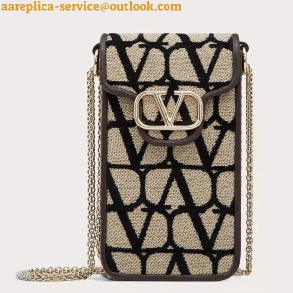 Replica Valentino Loco Phone Case in Black Toile Iconographe with Chain 3