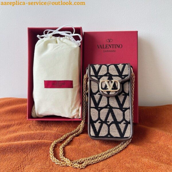 Replica Valentino Loco Phone Case in Black Toile Iconographe with Chain 7