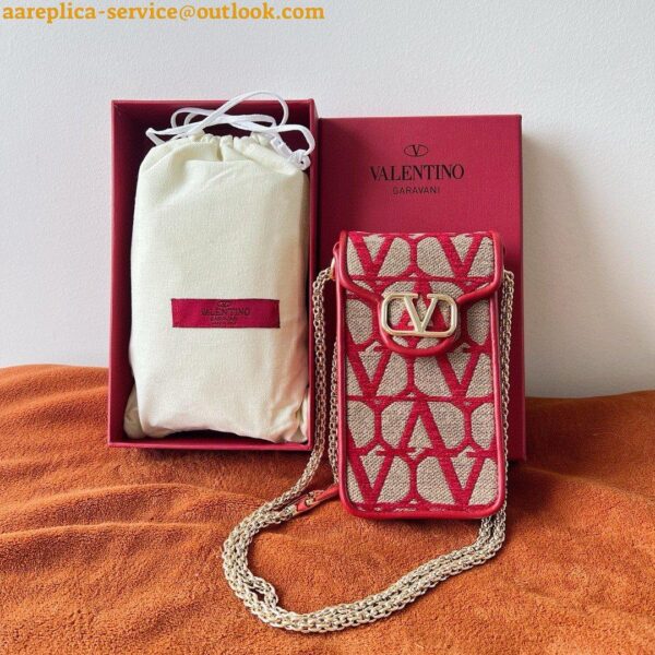 Replica Valentino Loco Phone Case in Red Toile Iconographe with Chain 7