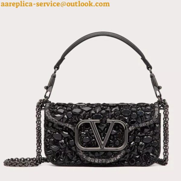 Replica Valentino Small Loco Shoulder Black Bag with Crystals Logo 11