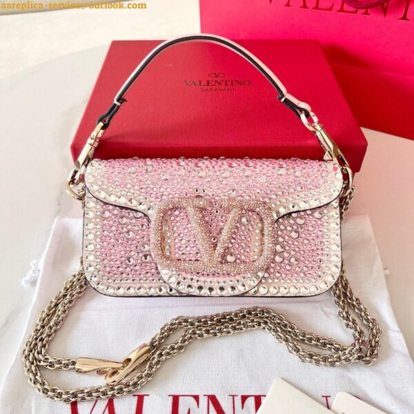 Replica Valentino Small Loco Shoulder Pink Bag with Rhinestone Applique 9