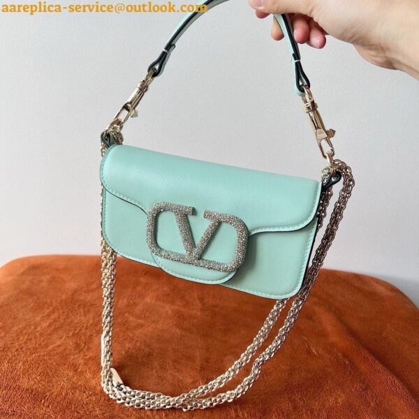 Replica Valentino Small Loco Shoulder Light Green Bag with Crystals Logo 20