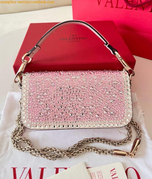 Replica Valentino Small Loco Shoulder Pink Bag with Rhinestone Applique 9