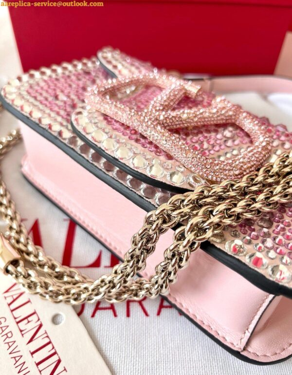 Replica Valentino Small Loco Shoulder Pink Bag with Rhinestone Applique 12