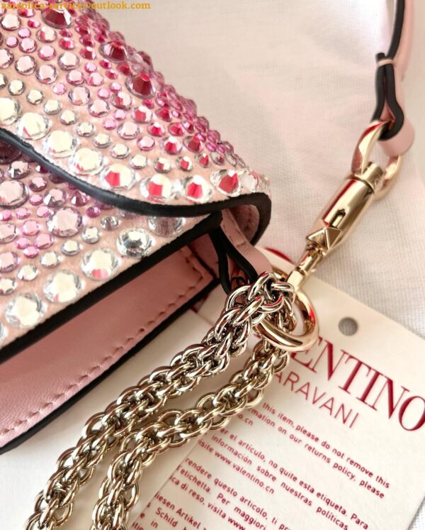 Replica Valentino Small Loco Shoulder Pink Bag with Rhinestone Applique 13