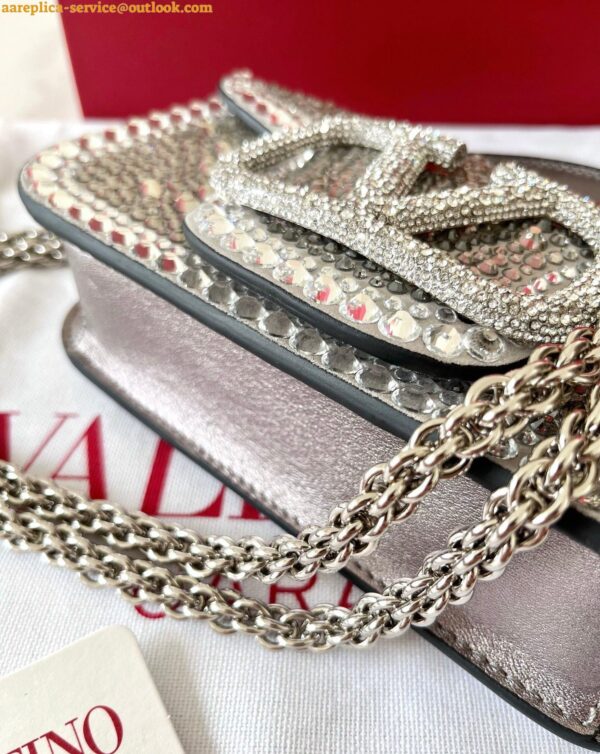 Replica Valentino Small Loco Shoulder Silver Bag with Rhinestone Applique 4