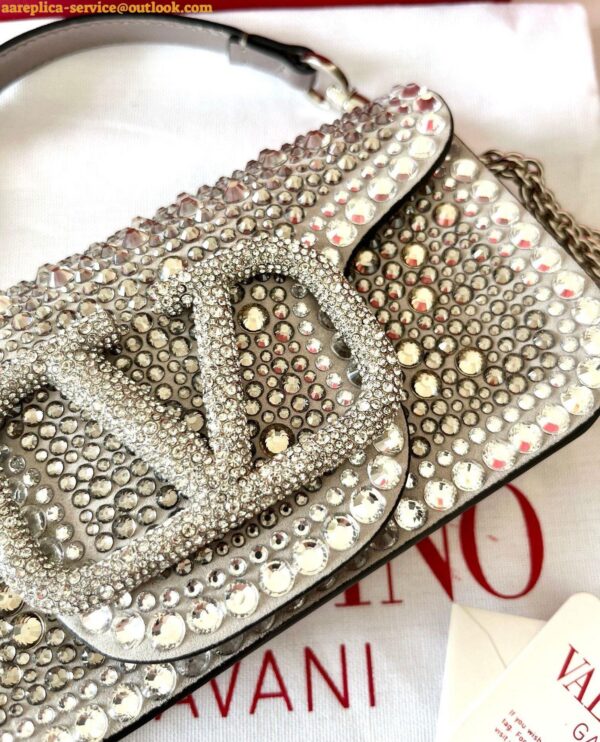 Replica Valentino Small Loco Shoulder Silver Bag with Rhinestone Applique 9