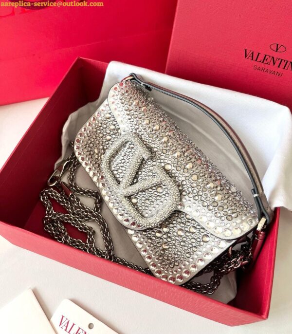 Replica Valentino Small Loco Shoulder Silver Bag with Rhinestone Applique 10