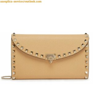 Replica Valentino Rockstud Wallet with Chain in Beige Grained Leather