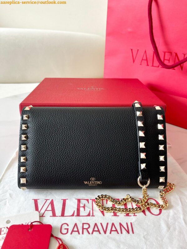 Replica Valentino Rockstud Wallet with Chain in Black Grained Leather 5