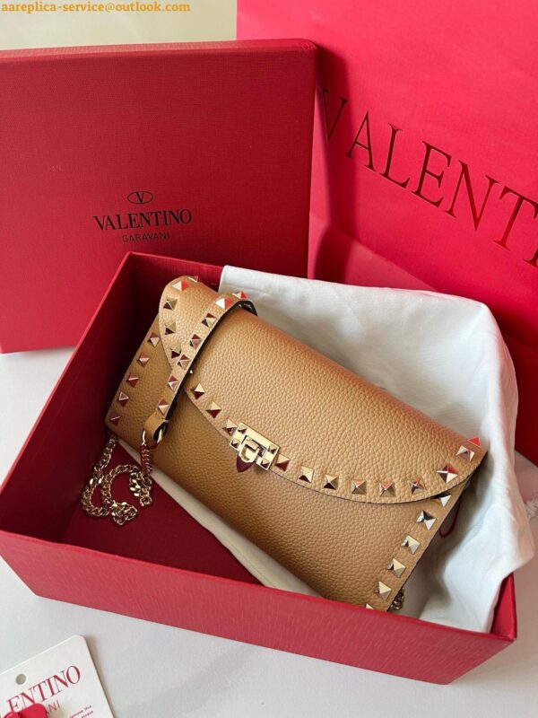 Replica Valentino Rockstud Wallet with Chain in Beige Grained Leather 11