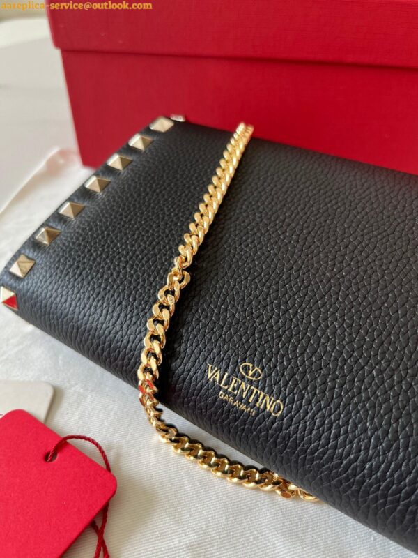 Replica Valentino Rockstud Wallet with Chain in Black Grained Leather 13