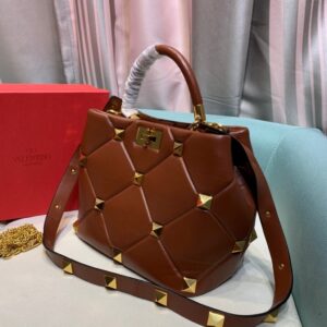 Replica Valentino 2021 Roman Stud The Handle Bag In Nappa 0097L Brown