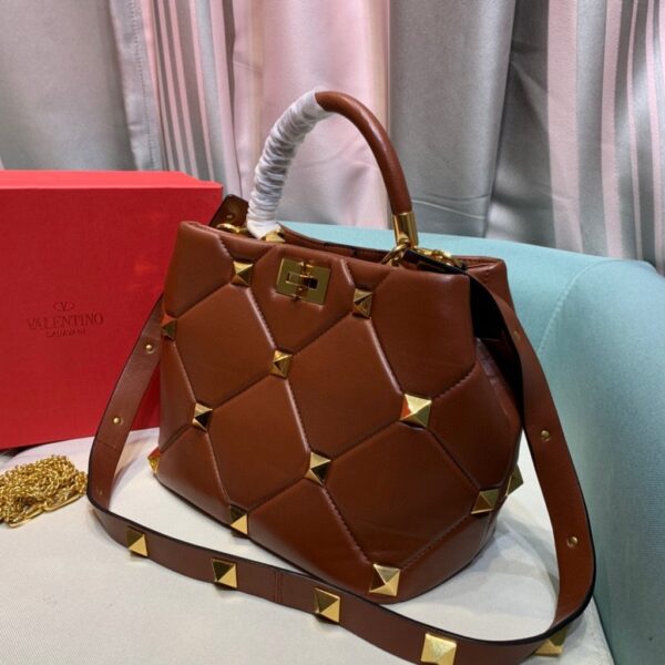 Replica Valentino 2021 Roman Stud The Handle Bag In Nappa 0097L Brown 3