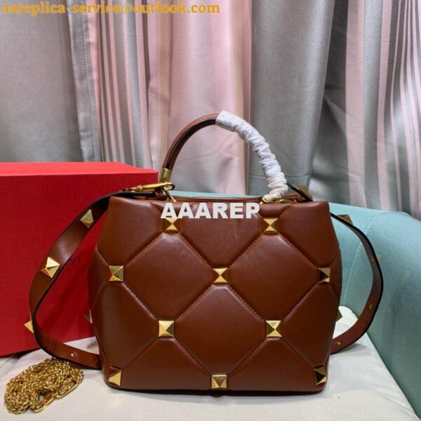 Replica Valentino 2021 Roman Stud The Handle Bag In Nappa 0097L Brown 4