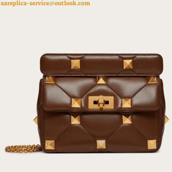 Replica Valentino Roman Stud Medium Chain Bag In Dark Brown Nappa Leather 4