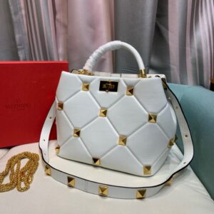 Replica Valentino 2021 Roman Stud The Handle Bag In Nappa 0097L White