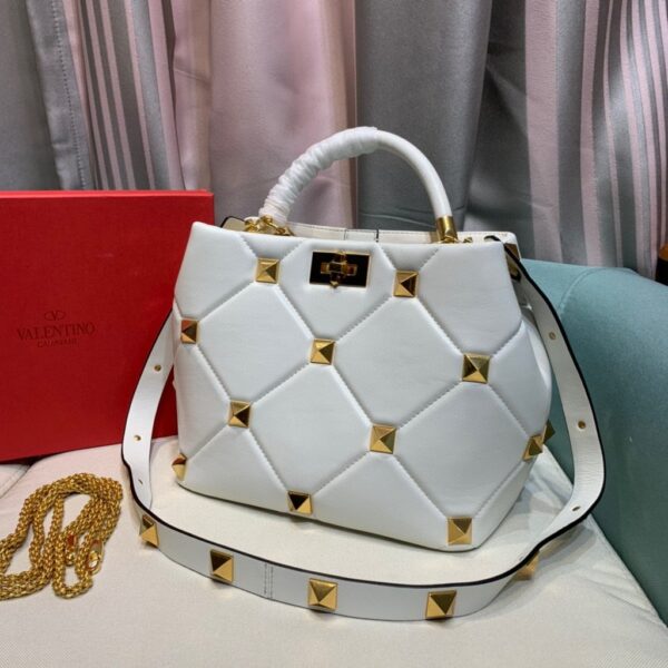 Replica Valentino 2021 Roman Stud The Handle Bag In Nappa 0097L White 3