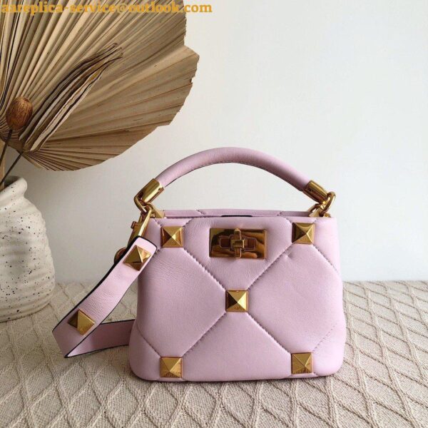 Replica Valentino Roman Stud Mini Handle Bag In Pink Nappa Leather 7