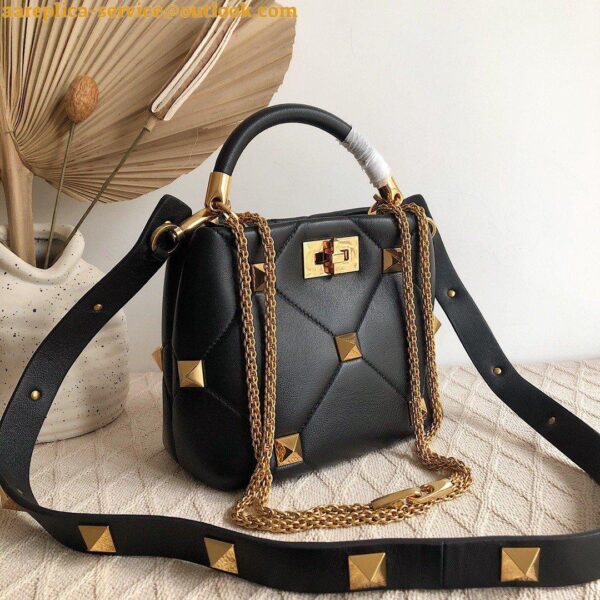 Replica Valentino Roman Stud Small Handle Bag In Black Nappa Leather 4