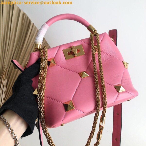 Replica Valentino Roman Stud Small Handle Bag In Pink Nappa Leather 5