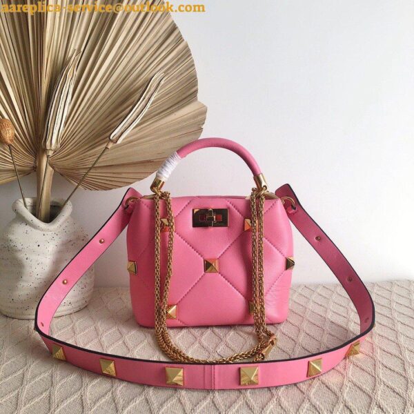 Replica Valentino Roman Stud Small Handle Bag In Pink Nappa Leather 11