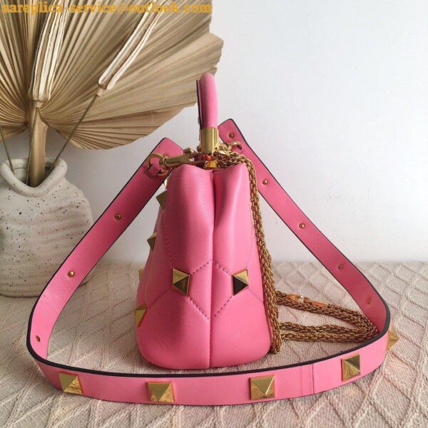 Replica Valentino Roman Stud Small Handle Bag In Pink Nappa Leather 12