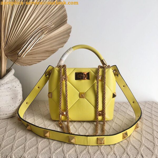 Replica Valentino Roman Stud Small Handle Bag In Yellow Nappa Leather 12