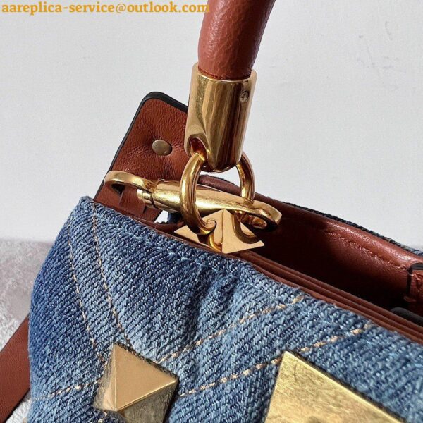 Replica Valentino Roman Stud Small Top Handle Bag In Denim 5