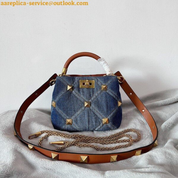 Replica Valentino Roman Stud Small Top Handle Bag In Denim 7