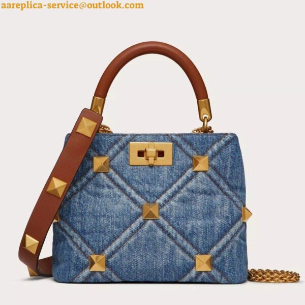 Replica Valentino Roman Stud Small Top Handle Bag In Denim 8