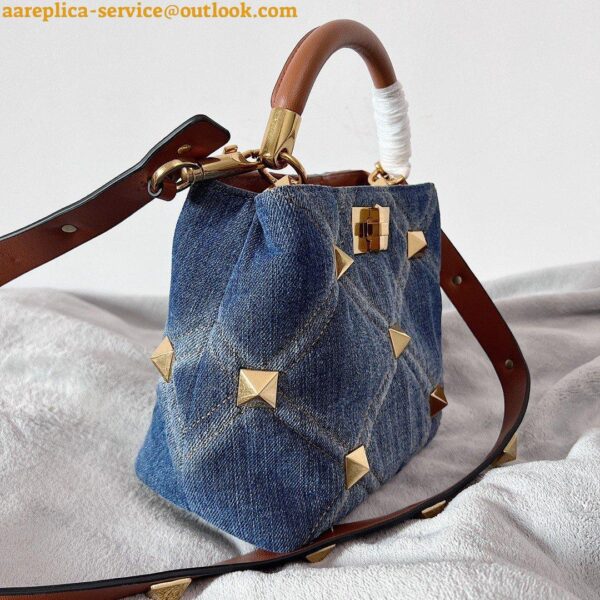 Replica Valentino Roman Stud Small Top Handle Bag In Denim 9