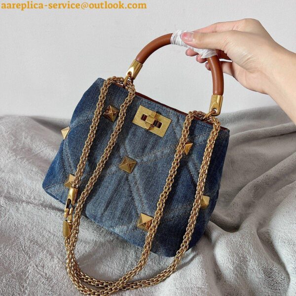 Replica Valentino Roman Stud Small Top Handle Bag In Denim 10