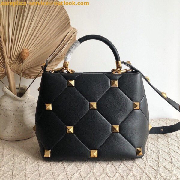 Replica Valentino Roman Stud Top Handle Bag In Black Nappa Leather 4