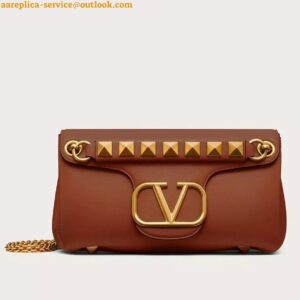 Replica Valentino Stud Sign Shoulder Bag In Brown Nappa Leather