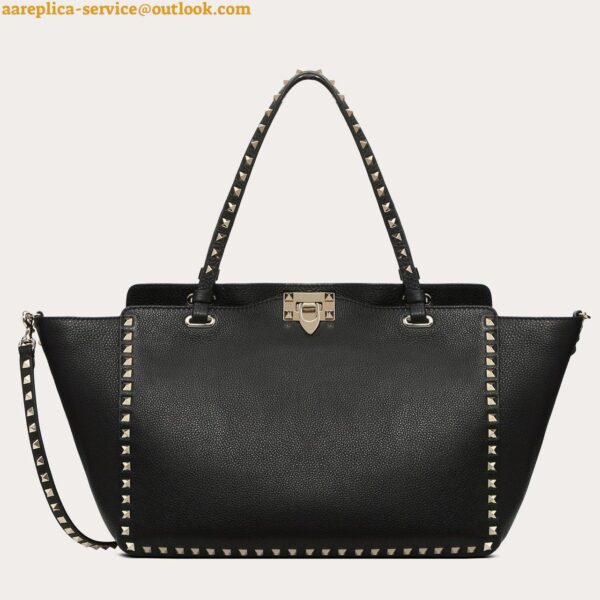 Replica Valentino Rockstud Medium Tote In Black Grained Leather 3