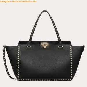 Replica Valentino Rockstud Medium Tote In Black Grained Leather 2