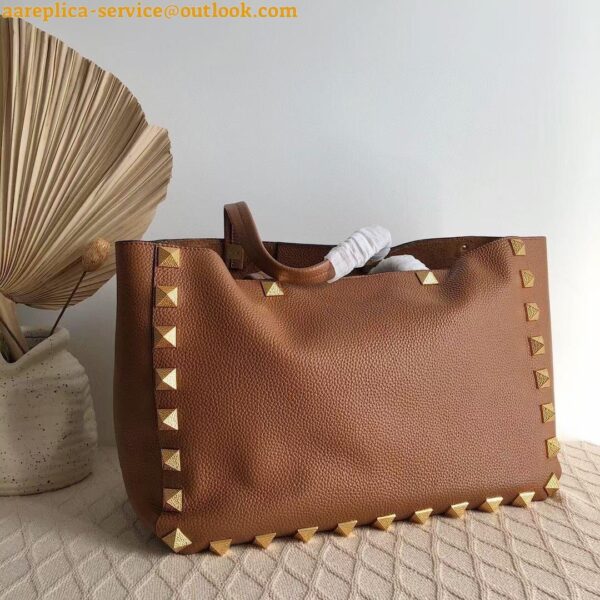 Replica Valentino Roman Stud Tote Bag In Brown Grained Leather 8