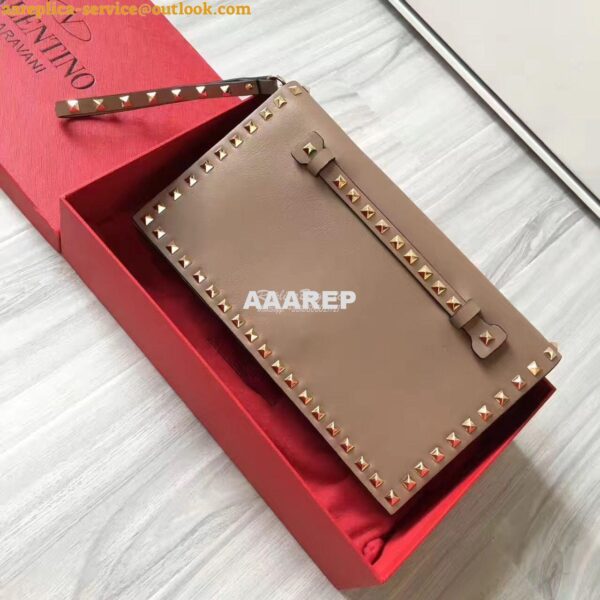 Replica Valentino Garavani Rockstud Flap Wristlet Clutch Bag Beige 4