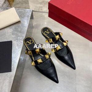 Replica Valentino Roman Stud Flat Mule In Calfskin VW2S0BK8 Black