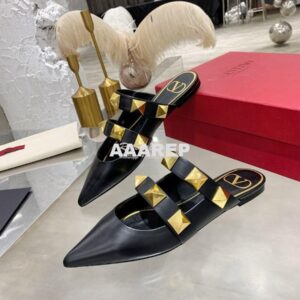 Replica Valentino Roman Stud Flat Mule In Calfskin VW2S0BK8 Black 2