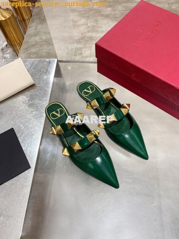 Replica Valentino Roman Stud Flat Mule In Calfskin VW2S0BK8 Green 3