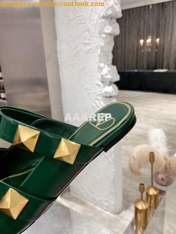 Replica Valentino Roman Stud Flat Mule In Calfskin VW2S0BK8 Green 8