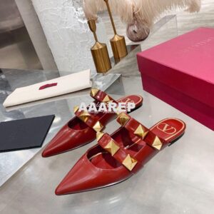 Replica Valentino Roman Stud Flat Mule In Calfskin VW2S0BK8 Red 2