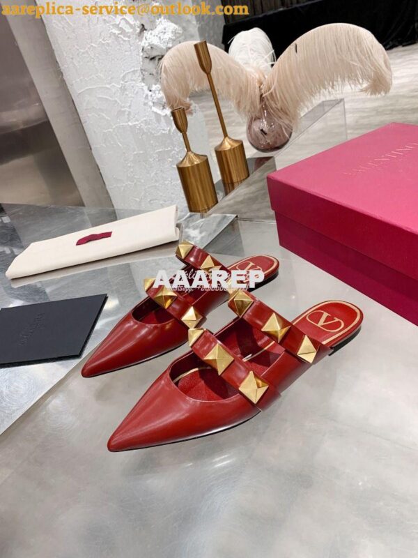 Replica Valentino Roman Stud Flat Mule In Calfskin VW2S0BK8 Red 4