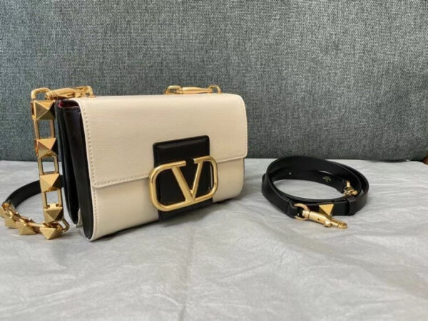 Replica Valentino XW2B0J96 Stud Sign Grainy Calfskin Shoulder Bag Beige and Black 3
